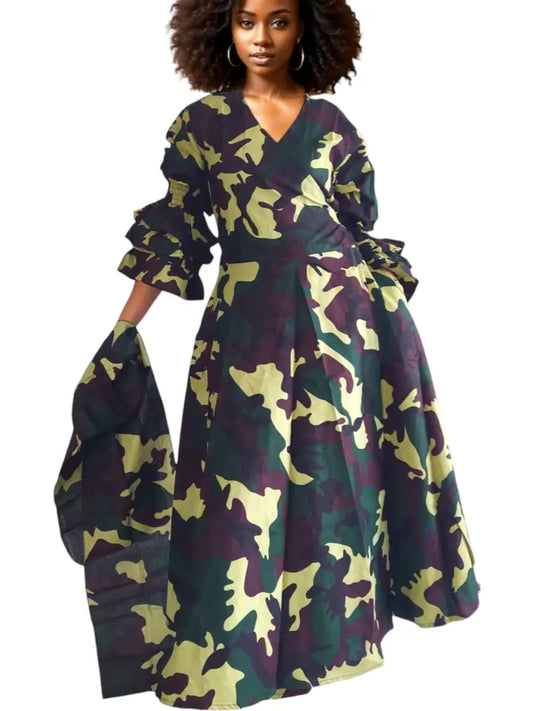 Woman's Long Wrap Dress- Camouflage