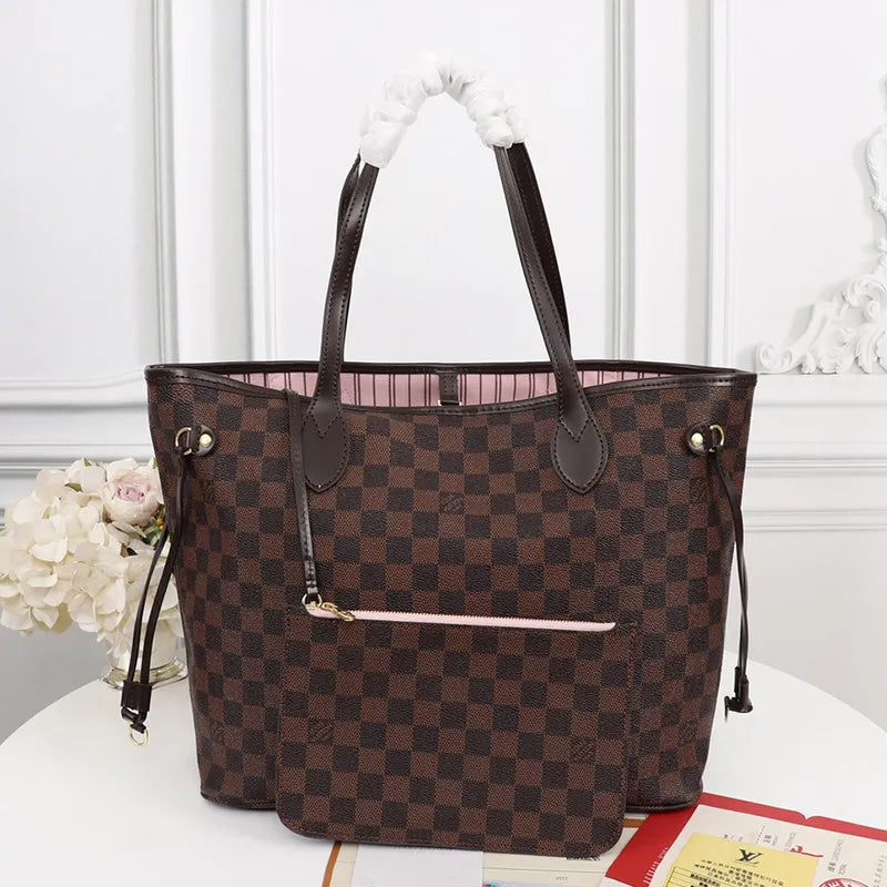 Pink Brown Checkered Large Capacity Tote Bag Stylish Everyday Handbag