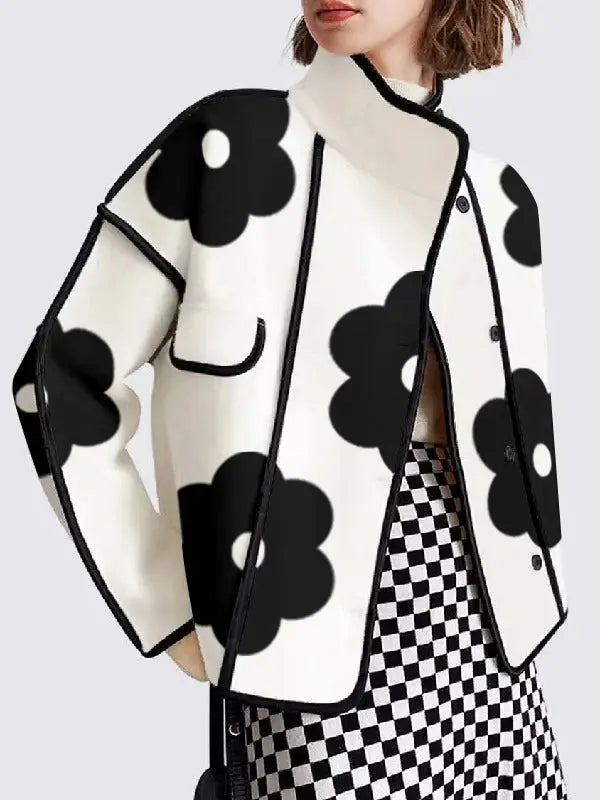 Contrast Color Flower Print Long Sleeves Loose Coat