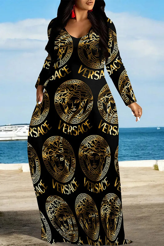 Black Gold Casual Figure Print Letters Pocket Contrast V Neck Printed Dresses