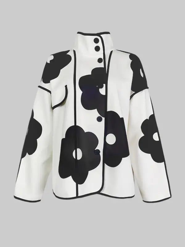 Contrast Color Flower Print Long Sleeves Loose Coat