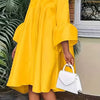 Women's Summer Casual Solid Color Stand Collar Lantern Sleeve Sweet Gentle Elegant Mid-Length
