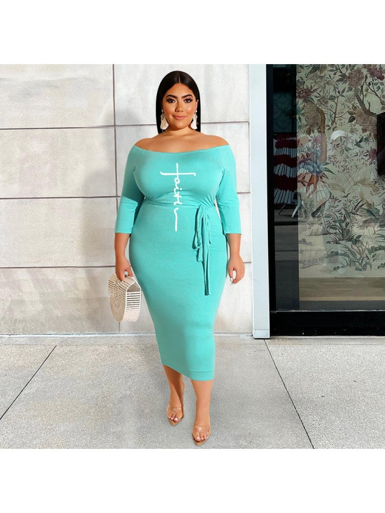 Number Letter Off-Shoulder Plus Size Dress