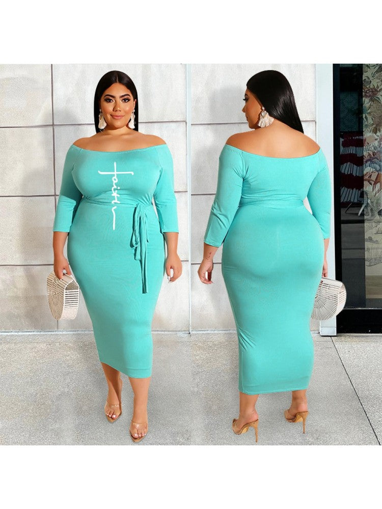 Number Letter Off-Shoulder Plus Size Dress