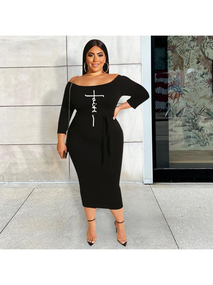 Number Letter Off-Shoulder Plus Size Dress