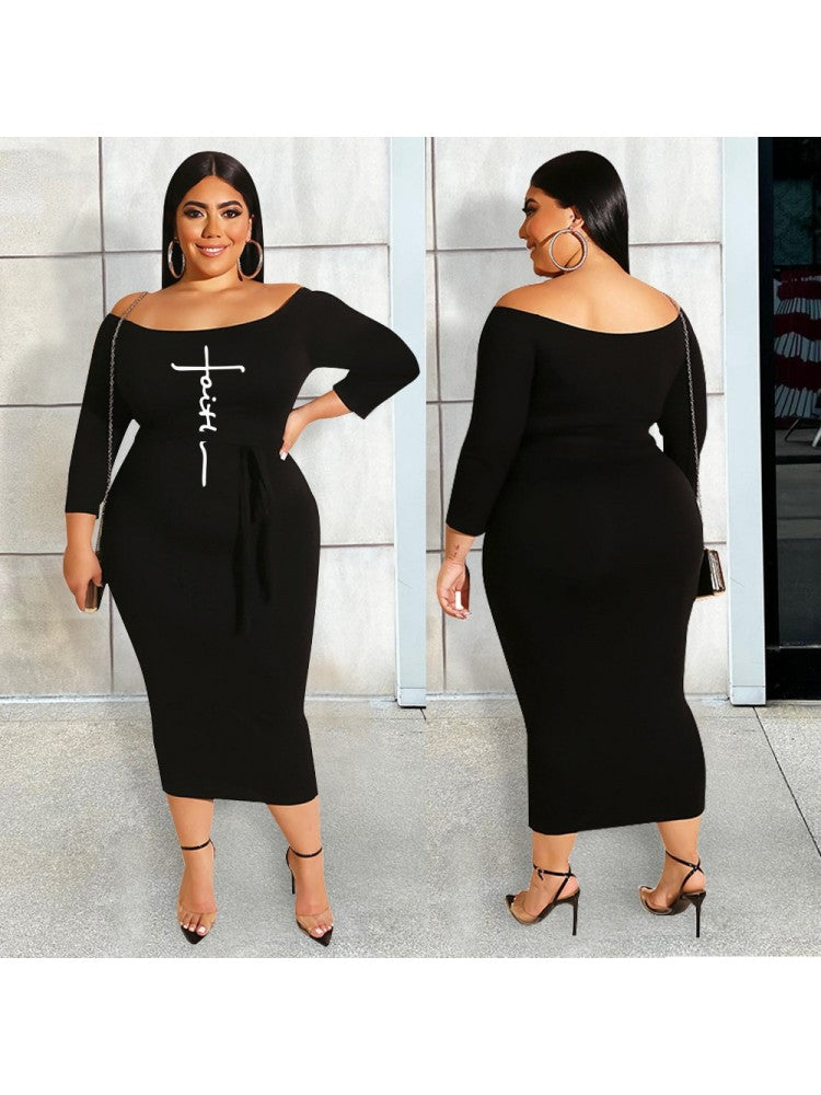 Number Letter Off-Shoulder Plus Size Dress