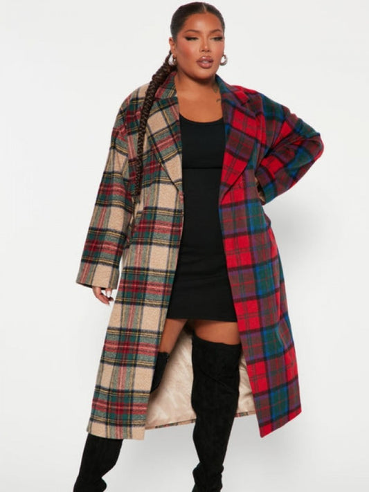 Contrast Color Square Tweed Patchwork Long Coats