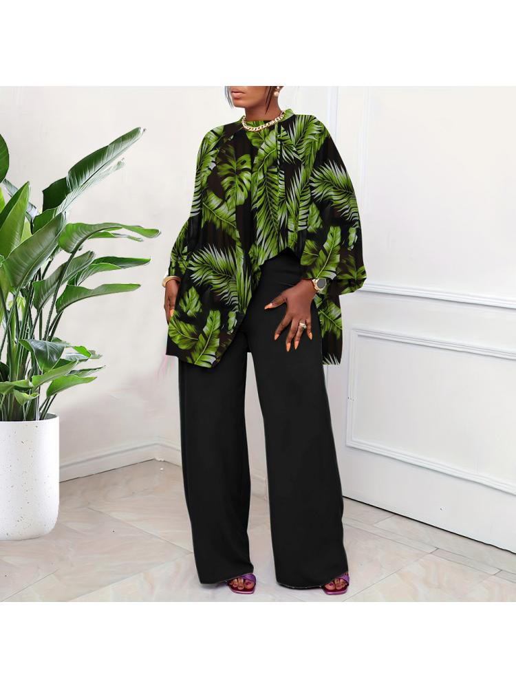 Print Lantern Sleeve Loose Pants Set