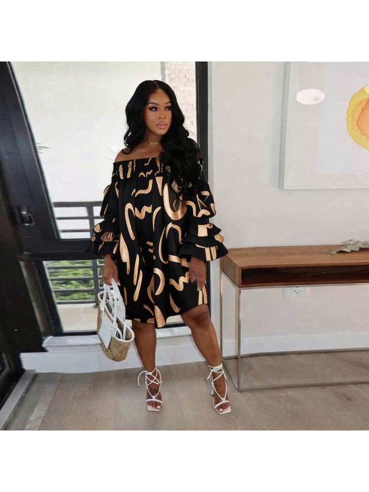Printed Off Shoulder Bubble Long Sleeve Dress