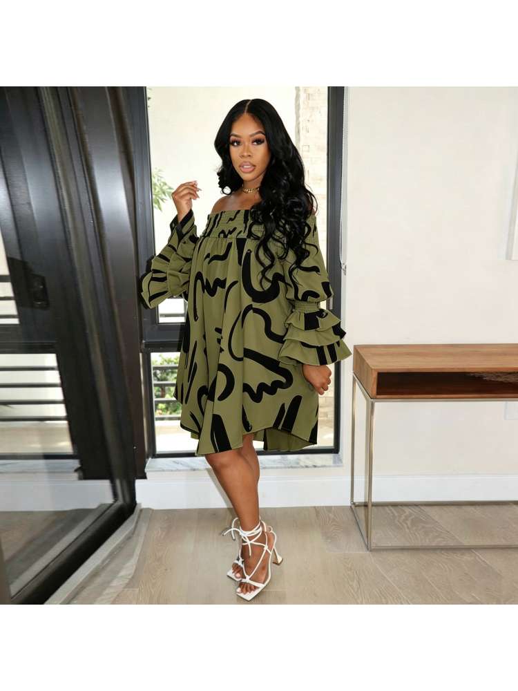 Printed Off Shoulder Bubble Long Sleeve Dress