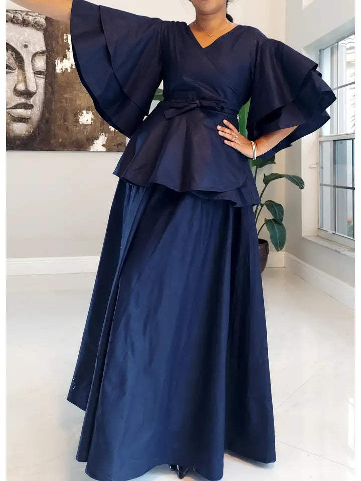 Wrap Blouse & Long Skirt- Navy