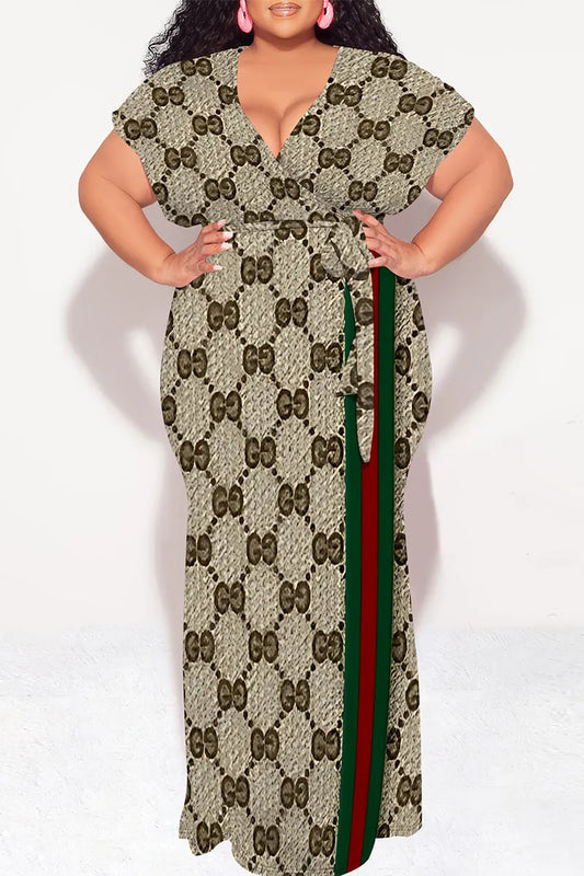 Dark Khaki Sexy Letter Print snake With Belt Contrast V Neck Printed Plus Size Dresses