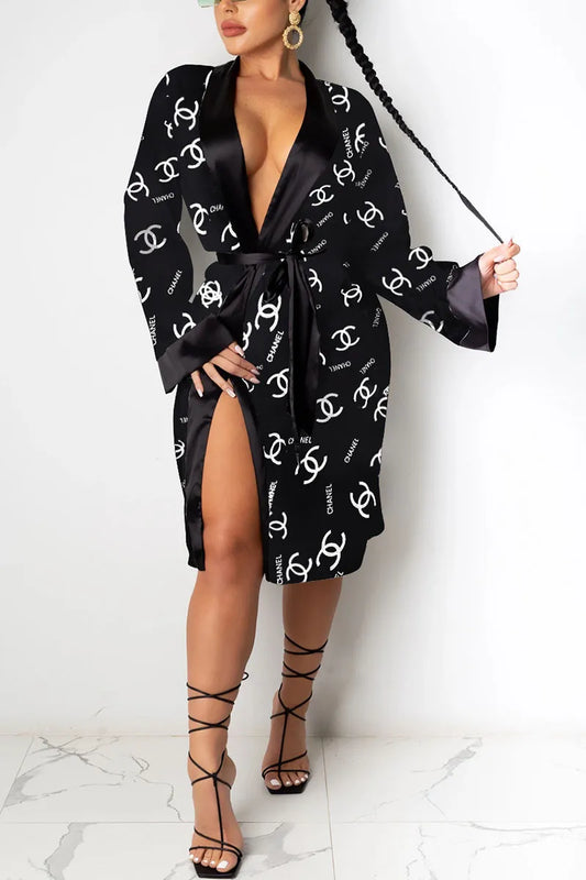 Black Sexy Print Patchwork With Belt V Neck Dresses