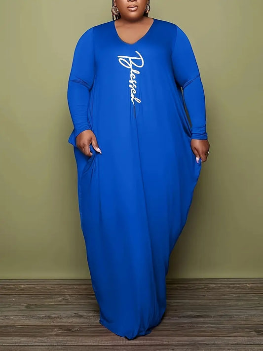 Casual Dress, Women's Plus Letter Print Long Sleeve Round Neck High Stretch Ruched Maxi Dress