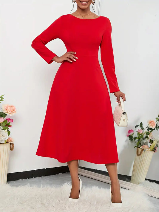 Solid Daily Midi Dress, Elegant Crew Neck Long Sleeve Dress, Women's Clothing