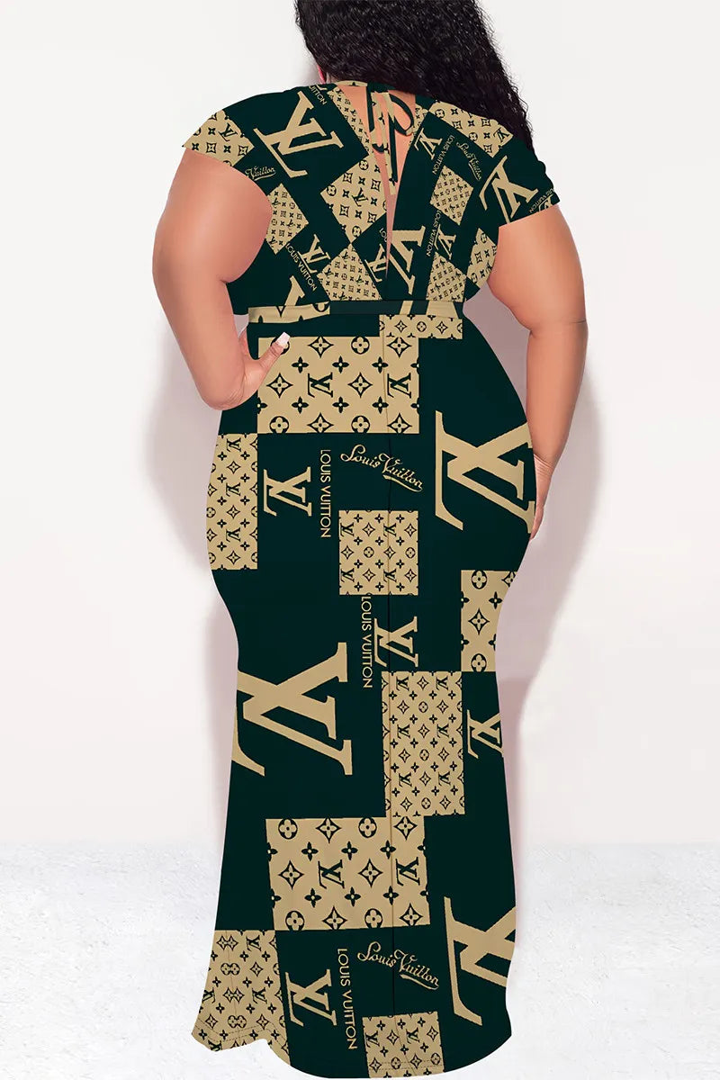 Ink Green Sexy Letter Print With Belt Contrast V Neck Printed Plus Size Dresses