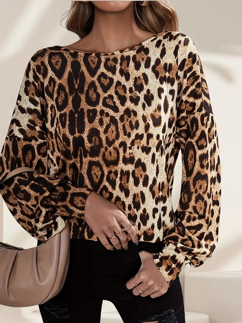 Sexy  Leopard Print Lantern Sleeve Round Neck Knot Backless Slight Stretch Top
