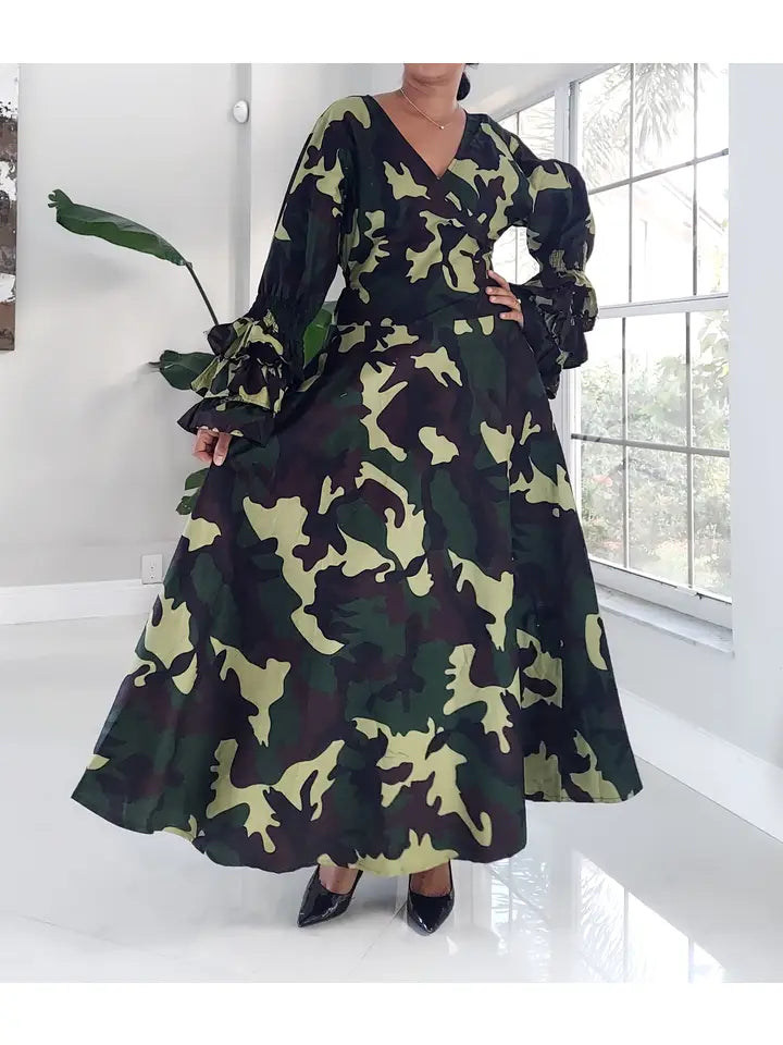 Woman's Long Wrap Dress- Camouflage