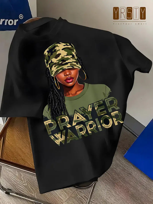 Women's "Prayer Warrior" Christian Faith T-Shirt - Inspirational Camo Face & Bold Lettering Print, Casual Crew Neck Short Sleeve Summer Top, Comfortable Casual Attire for Church, Prayer Meetings & Casual Outfits