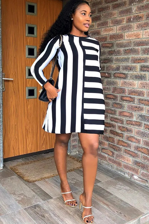 White Acetyl fiber Sweet Cap Sleeve Long Sleeves O neck Swagger Knee-Length Print Striped Patchwork