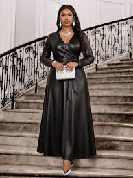 Autumn Winter Elegant Formal PU Dress Women Black Work Party