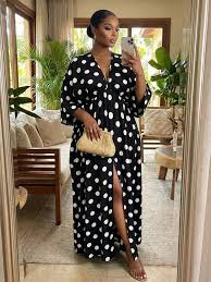 Women Black And White Print Deep V-Neck Split Hem Loose Fit Dress