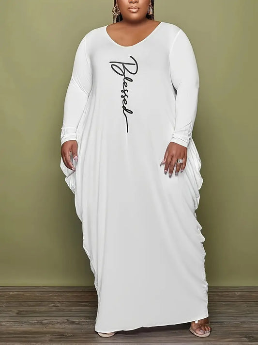 Casual Dress, Women's Letter Print Long Sleeve Round Neck High Stretch Ruched Maxi Dress