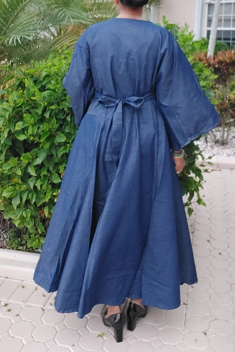 Woman Long Wrap Dress with Mid Length Bell Sleeves- Indigo