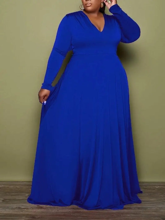 Solid V Neck Long Sleeve High Waist Maxi Dress, Women's Plus High Stretch Long Dress