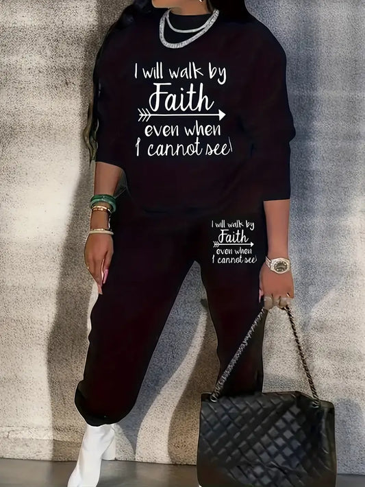 Two Piece Set, Women's Size Slogan Printed Long Sleeve Crew Neck Sports Sweatshirt And Jogger Sweatpants Two Piece Set