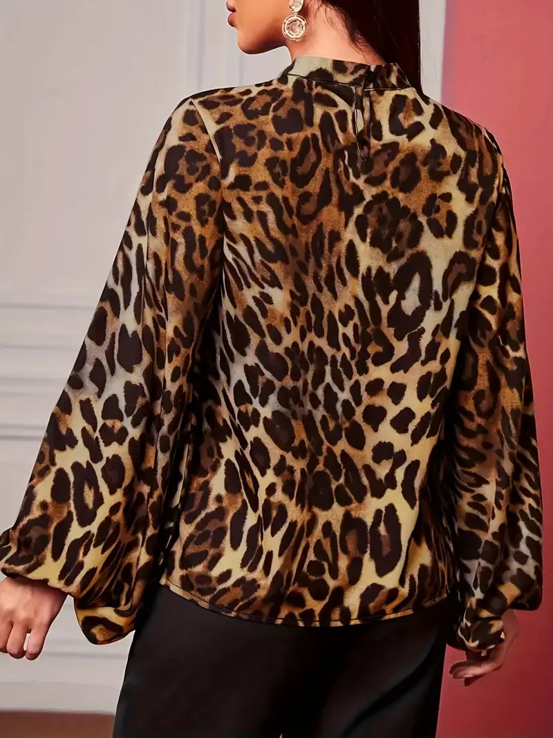 Elegant Blouse, Leopard Print Lantern Mock Neck Shirt Top