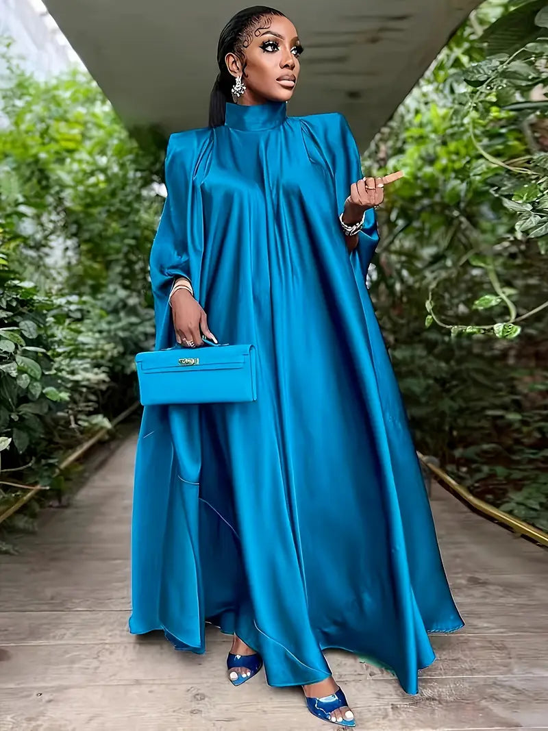 Solid Elegant Mock Neck Batwing Sleeve Dress