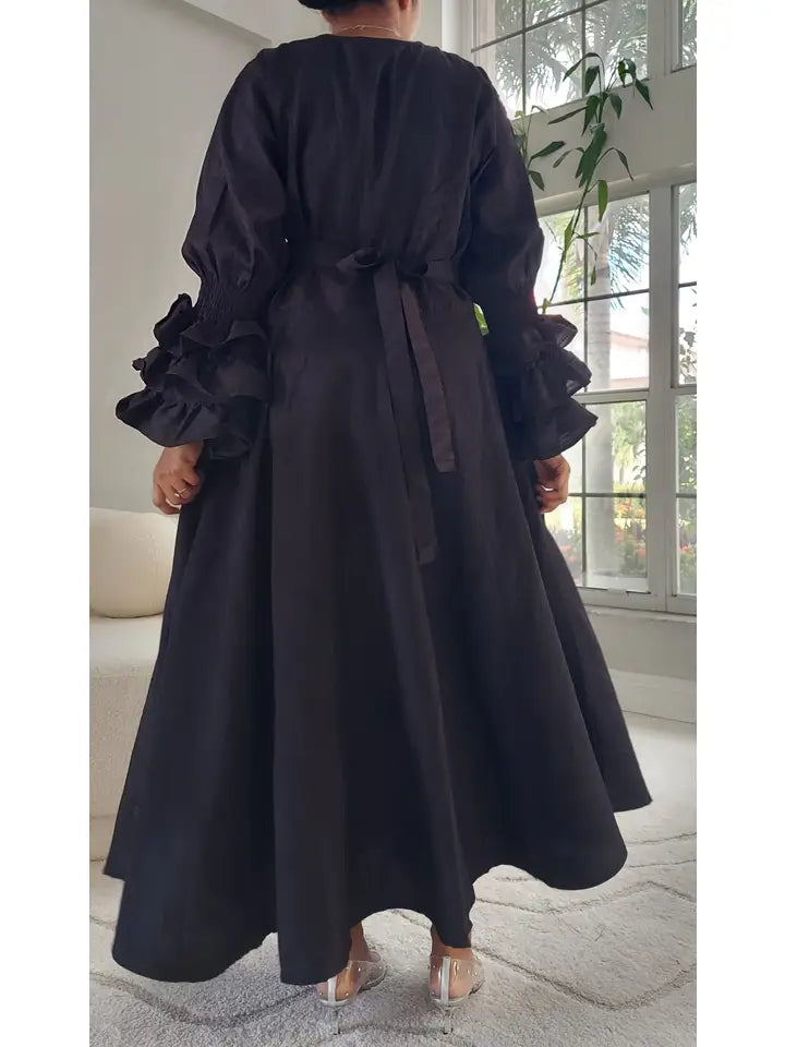 Faux Silk Wrap Dress with Long Ruffle Sleeves-Black