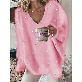 Women's Blouse Pullover Fuzzy Oversized V-Neck Casual Warm Soft Cozy Chic Autumn Winter Comfortable