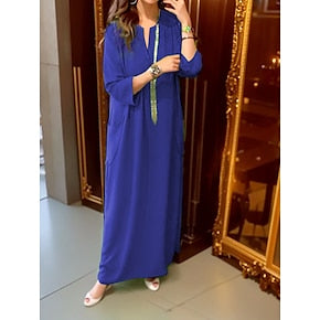 Women's Modal Casual Dress Leaf Plain Pocket V Neck Maxi long Dress Basic Classic