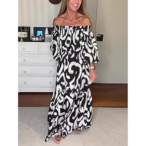 Women's Polyester Color Block Print Off Shoulder Maxi long Dress Elegant Long Sleeve Summer Fall