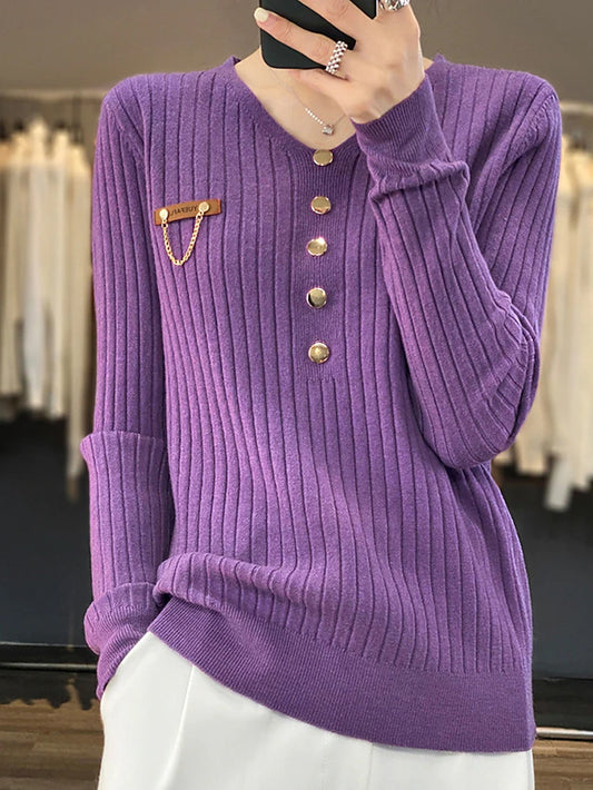 Pullover Sweater Jumper V Neck Ribbed Knit Button Fall Winter Outdoor Daily Going out Stylish Casual Soft Long