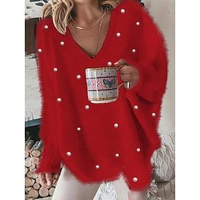 Women's Blouse Pullover Fuzzy Oversized V-Neck Casual Warm Soft Cozy Chic Autumn Winter Comfortable