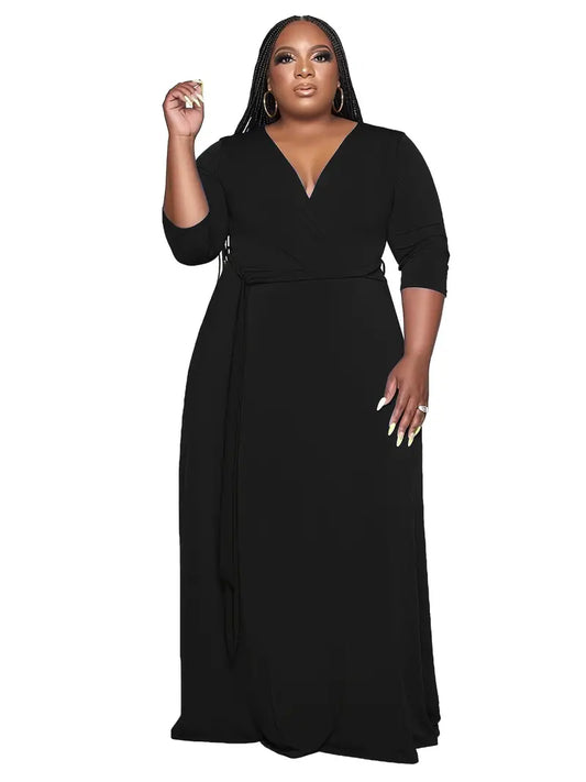 V Neck 3/4 Sleeve Maxi Dress With Belt,