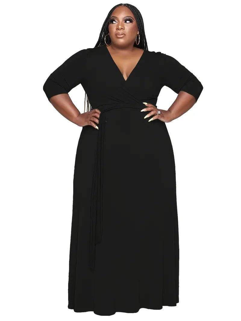 V Neck 3/4 Sleeve Maxi Dress With Belt,