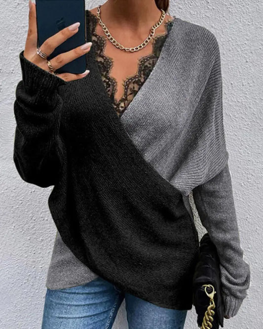 Colorblock Contrast Lace V-Neck Wrap Sweater