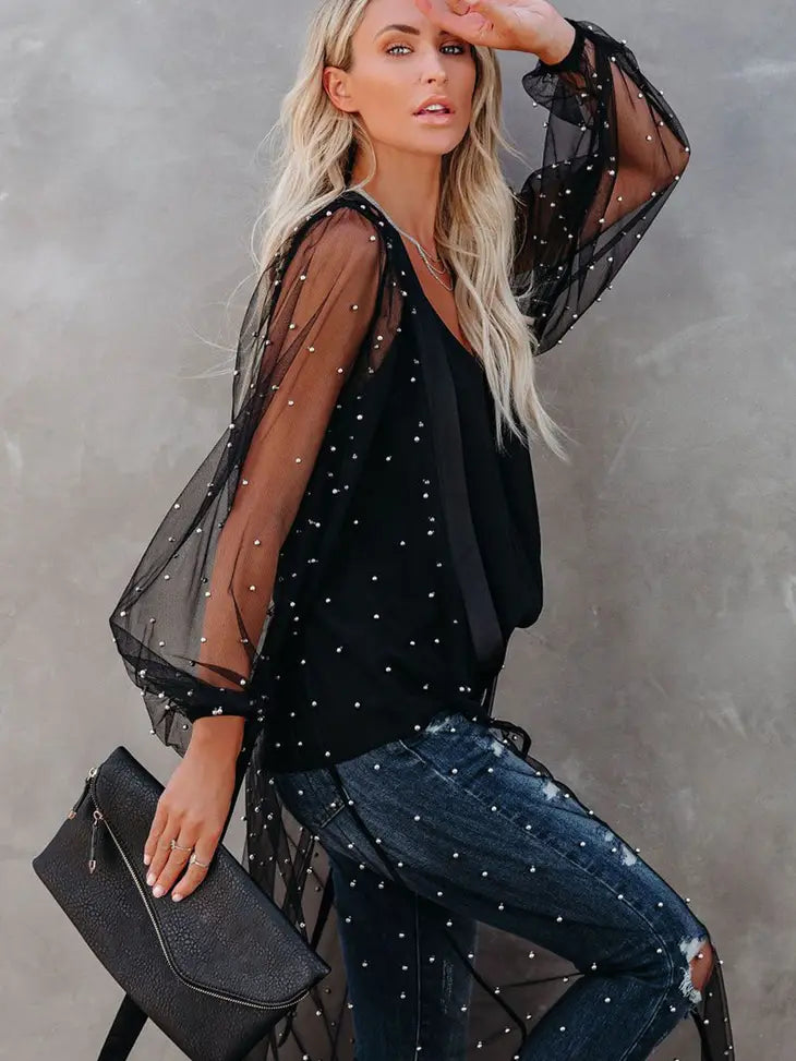 Black Sheer Embellished Tulle Duster Kimono