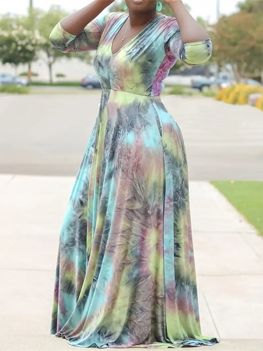Tie Dye Print V Neck Short Sleeve Maxi Dress, Women's Elegant Medium Stretch Long Dress