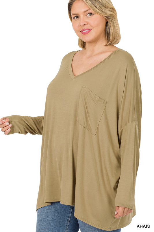 PLUS LUXE RAYON OVERSIZED V-NECK FRONT POCKET TOP