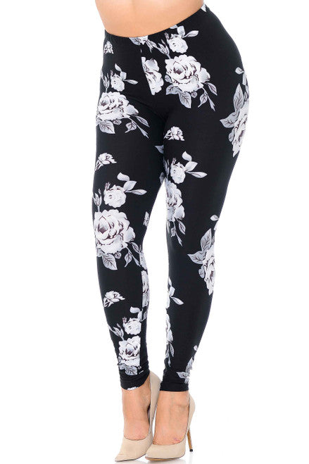 BUTTERY SOFT PLUS SIZE JUMBO WHITE ROSE LEGGINGS