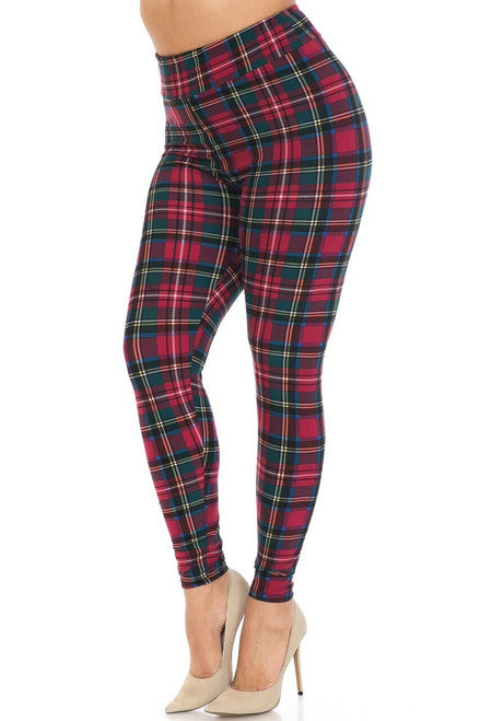 BUTTERY SOFT MODISH PLAID HIGH WAISTED PLUS SIZE LEGGINGS