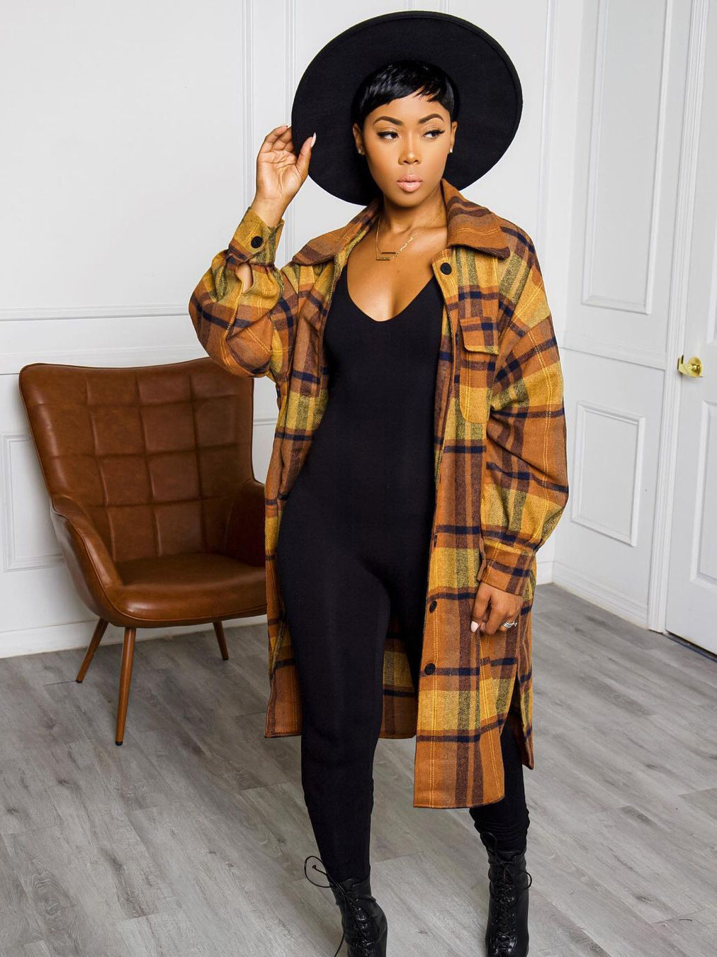 Fashion Plaid Latest Style Women Long Coat