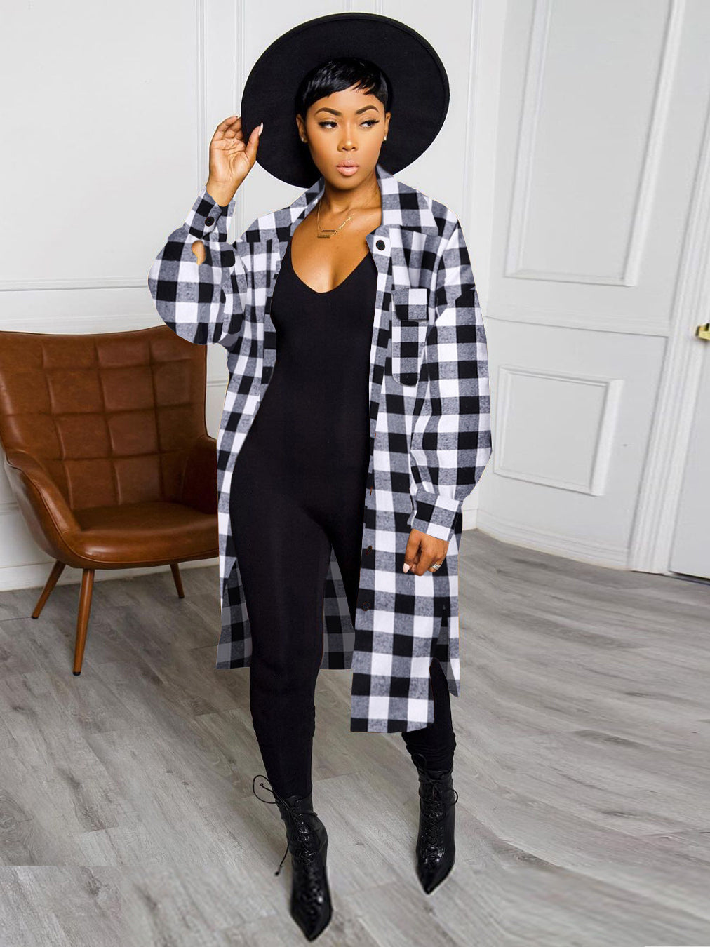 Fashion Plaid Latest Style Women Long Coat