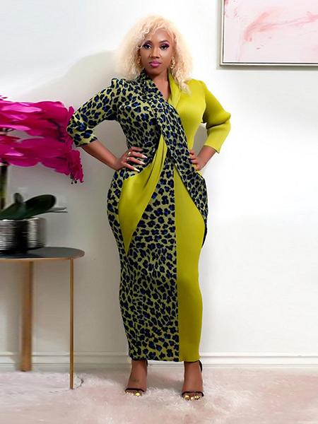 Leopard Patchwork Plus Size Long Sleeve Maxi Dress