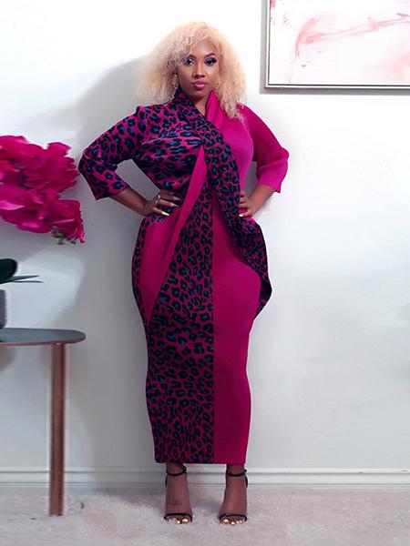 Leopard Patchwork Plus Size Long Sleeve Maxi Dress